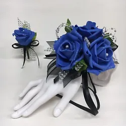 Triple Royal Blue Foam Rose on Black Glamour Prom Corsage & Boutonniere Combo. Ideal to enhance any flashy and stunning...
