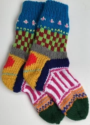 One pair of HOMEMADE HAND KNIT MULTI COLORED SOCKS with HEART ON HEEL Woman Size 7-8 1/2. The socks measure 10...