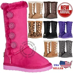 New Girls Kids Four Button Faux Fur Lined Shearing Snow Winter Classic Flat Heel Round Toe Fur Boots. Features: A faux...