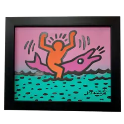 Keith Haring - Man on Dolphin (1988). The painting has minor fading on the black paint. Here we have a unique, vibrant,...