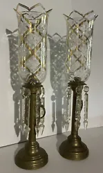 Pair of Antique Brass Candelabra Candle Stands w/ Crystal Prisms Russian 20.5