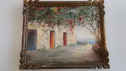 Antique painting oil landscape on wood panel house and seaside. Framed peinture ancienne provence huile sur panneau...