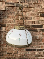 Vintage Floral & Gold Trim Hanging Hurricane Swag Lamp Painted Flowers. Condition is Used. Shipped with Standard...