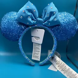 Disney Parks Blue Aqua Sequined Minnie Mouse Ear Headband Crystal Bow NWT 2022.