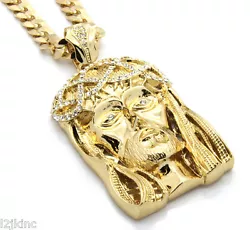 Crowned Jesus Large Hip Hop Chain And Pendant. Chain Color: Gold plated. Pendant Stone Color:Clear. Chain WIDth -10MM....