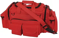 RED EMT BAG W/ WHITE CROSS. Red EMT Bag with White Cross Printed on Top Flap. 2 Front Pouches w/ Hook & Loop Closure....