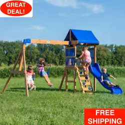 The Aurora by Backyard Discovery is the perfect wooden swing set for any sized yard. belt swings, a combination rock...