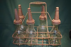 5 Motor Oil Glass Bottle with Spout & Cap and basket Mass Seal 0-11-8 bw1223 also Minnesota seal, Pennsylvania ,and...