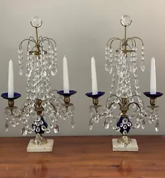 Approximately 20” high 11” wideGorgeous pair of Crystal candelabra with cobalt blue glass center and bobeche candle...