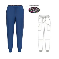 Ladies stretch Jogger scrub pants. Inner Print Waistband. 93 % Polyester 7 % Spandex. All around elastic with tunnel...