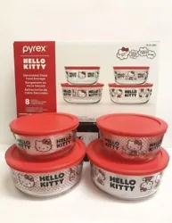 Pyrex Hello Kitty 8-Piece Decorated Glass Food Storage Set Brand New in box !Two different bowl designs in two sizes...