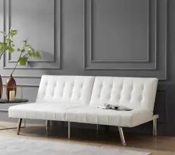 Contemporary modern reclining futon sofa bed. Versatile multi use futon sofa bed. Upholstered in tufted white faux...