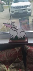 Pink & White Stained Glass Sun Catcher Bunny Rabbit on wooden stand shes really cute and ready for Easter decorating...