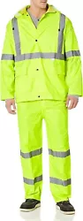 ANSI class E. FrogWear® HV - Three-piece rain suit made with high-visibility yellow/green 0.18 mm PVC coated 170T...