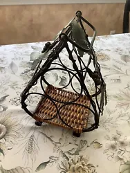 Metal & Rattan Wine Rack 3-Bottle Grape Leaves Countertop Free Standing Holder. Estate find in very very nice condition...