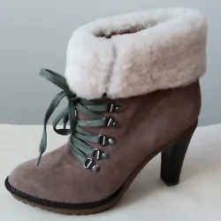 Via Spiga Taupe Suede Leather Lace Up Fur Trimmed High Heel Boots Womens 7.5M 3