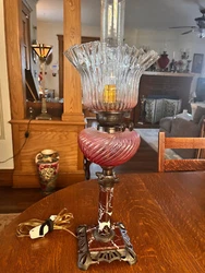Very nice coloration. For sale is a converted old oil lamp, sits on a marble column style pedestal. It has an inline...