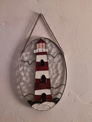 STAINED GLASS SUN CATCHER Lighthouse Design Oval 5.5