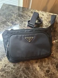 prada Black Re- Nylon Saffiano Leather Shoulder Bag.