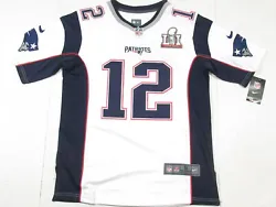 Player: Tom Brady #12. Team: New England Patriots. Super Bowl 51 Patch. Color: White.