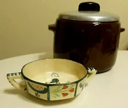 Pot is from an old electric crock pot set up. Brown Glazed Stoneware USA Pottery. Also included is an antique 8 sided...