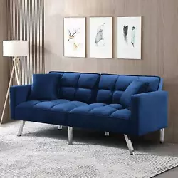 Modern convertible sofa bed. Design with soft and comfortable blue velvet fabric to add comfy and speciosity. This...