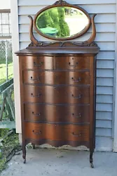 Antique Quarter Sawn Tiger Oak Highboy Dresser with 6 Drawers Harp Beveled Mirror Serpentine Front. Beveled Mirror top...