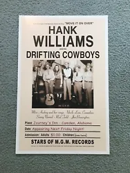 Hank Williams & The Drifting Cowboys Concert Poster for his show at Journeys Inn in Camden, Alabama in 1947. This is...