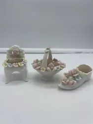 Vintage Ardalt Bone China Pin Cushions Lot of 3 Basket Shoe ChairThis is for the set of 3, all similar style with...