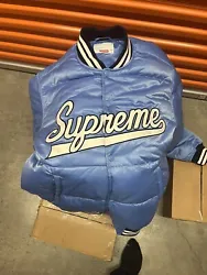 Item is new but I put preowned to avoid any problems … Authentic blue script supreme jacket …