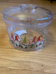 Christmas candy/cookie jar.  Clear plastic.  With gnomes!