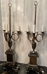 Pair Of Vintage French Bouillotte Heavy Brass 3 Arm Candle Candelabra Lamp 33.5