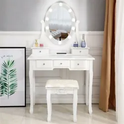 This Dressing Table is our latest design. There are 10 small light bulbs on the elliptical mirror. The light is white,...