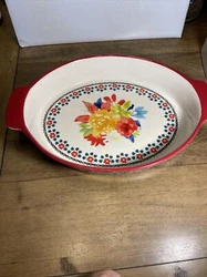 The Pioneer Woman Fiona Floral Ceramic Oval Baker Red Blue Green Yellow White. This is a beautiful piece of bakeware by...