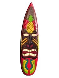TIKI MAN SURFBOARD SIGN. HAND CARVED & HAND PAINTED OUT OF WOOD. APPROX 39” TALL 10” WIDE 1