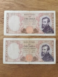 Italie Lot de 2 Billets de 10000 diecimila lire 1973 Michelangelo P605  Qualité : voir photos  Pour toute question,...