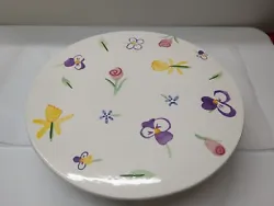 Vintage Ceramic Pedestal Cake Plate Stand, Spring flowers, handcrafted unbranded.  Features Pansies, Tulips, and...