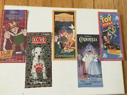 1996 and 1997 Disney Store Paper $5 GIFT CERTIFICATES featuring Bambi, Toy Story, Cinderella, 101 Dalmatians and...