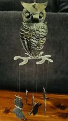 Vintage Mid Century Modern Metal Owl Wind Chime Folk Art Brass Hanging Decor Owls. Large owl hangs above 6 smaller...