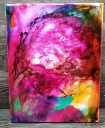 Acrylic Pour Painting 11x14 Canvas With Pink Colors. Clear Resin Finish Hobbyist. It is unsigned and the artist is...