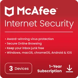 McAfee Internet Security 2023 | 3 Devices | Antivirus and Internet Security Software | Windows/Mac/Android/iOS | 1 Year...