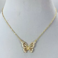 Clear Rhinestones Decorated. Animal Butterfly Shape. Dainty Gold Colored Chain. Pendant Necklace.