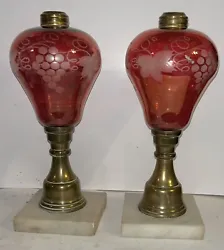 This is a Beautiful Pair Antique Ruby Flashed Glass Whale Oil Lamp Banquet Grape Cameo It is ruby flashed glass with...