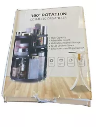 360 Degree Makeup Shelf Cosmetic Rack Holder Rotating Organizer Storage Box Case. Box is open and has dents but the...
