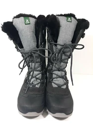 Boots are a mid-calf lace-up, are made in gray and black and are accented with buckles and faux fur trim. Boots are...