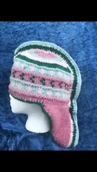 Handmade Crochet Wool Pink and Light Blue Mohawk Winter Hat. Condition is 