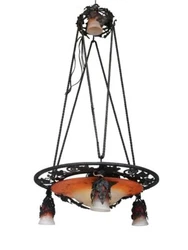 Lustre plafonnier en fer forgé aux raisins Art déco 1930 vasque Schneider couleur orange et blanche à décor de...
