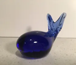 Vintage Cobalt Blue Glass Whale Fish Paperweight And/Or Figurine. Figure did have remnants of a label on the bottom but...