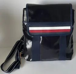 Tommy Hilfiger Backpack Viola Glossy Coated Canvas Flap Backpack Medium Navy NEW.