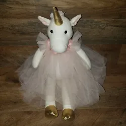So cute! White Unicorn wearing a Pink Ballerina Tulle Dress Plush Stuffed Animal. This beauty has a soft pink mane and...